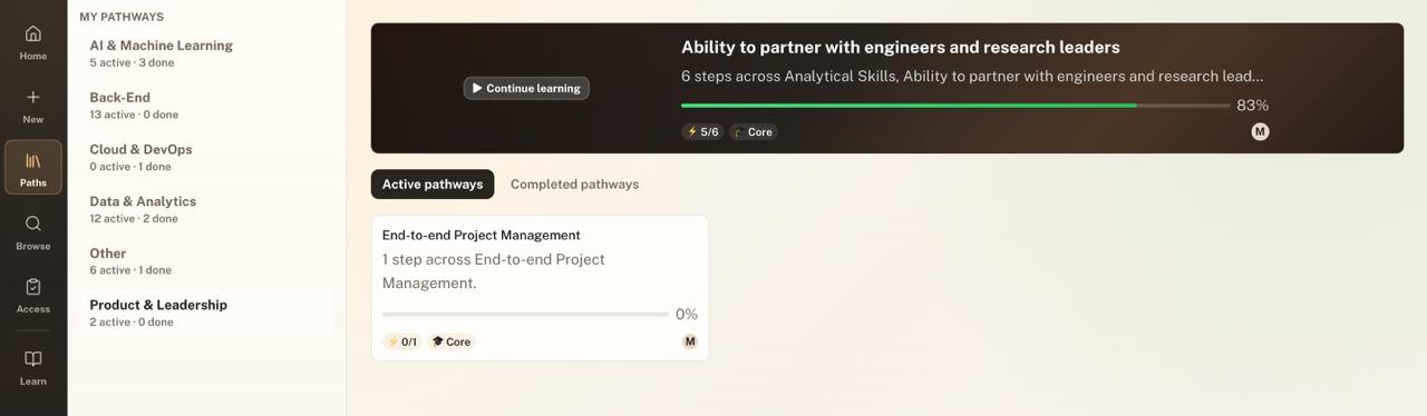 Upsoma Pathways page showing active learning paths