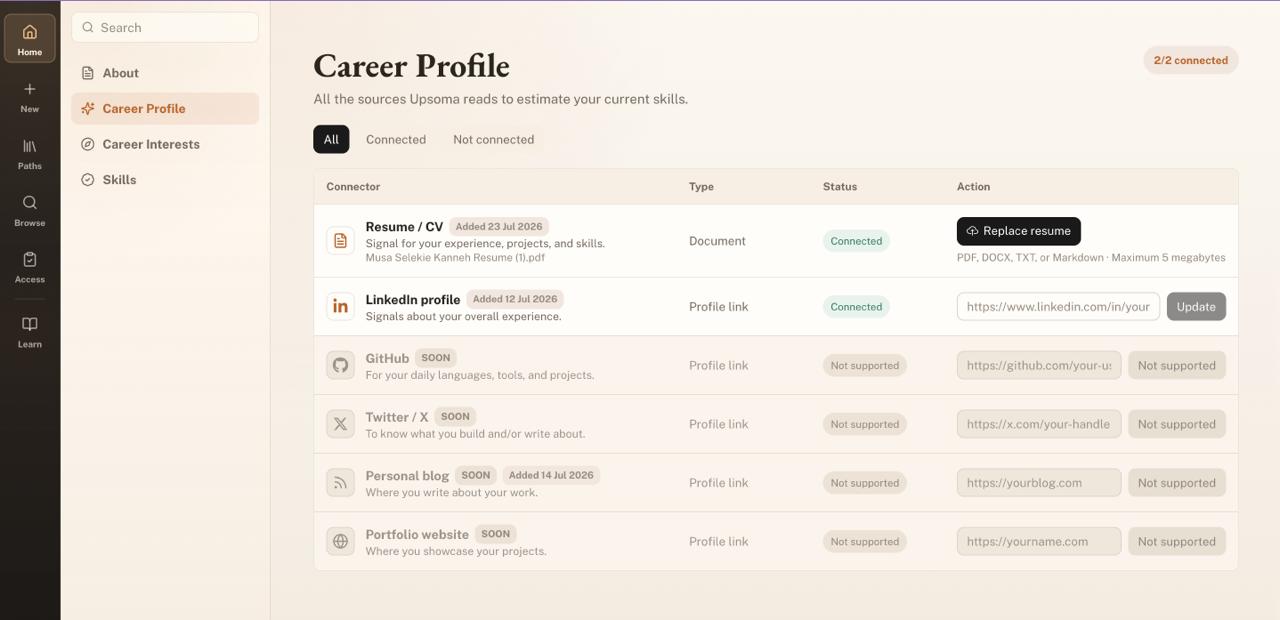 Upsoma Career Profile screen