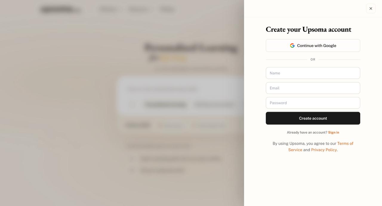 Upsoma sign-up options